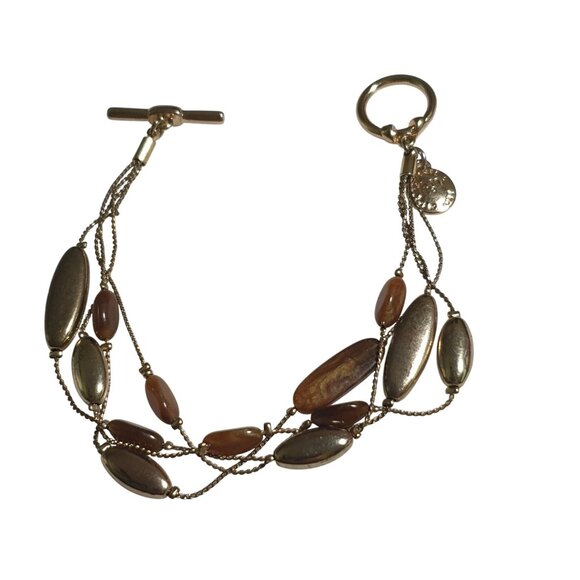 New York Co Gold Tone Layered Bead Toggle Bracelet Earth Tone Oval Bead Mom Gift - Picture 1 of 6